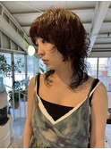 △癖毛風ウルフパーマウルフカットレッドカラーボルドーカラー