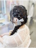 推し活 量産型 編み込みツインテール×リボン ティアラ パール