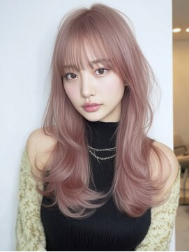 透明感ピンクベージュ◎小顔レイヤー韓国風ヘアダブルカラー
