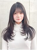 グレージュブラウン/ミディアムレイヤー/韓国巻き/顔周りカット