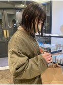 外ハネボブ　ブリーチなしカラー　暗髪　アッシュ系カラー　栄