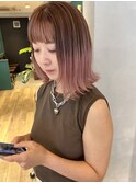 (土橋)ハイライトカラーバレイヤージュピンクベージュ外はねボブ