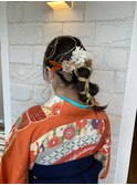 水引を使ったヘアアレンジと袴の着付け