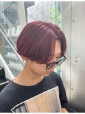 センターパート×ワインレッド