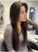 ロングレイヤーカット ストレートヘア 黒髪 韓国レイヤー