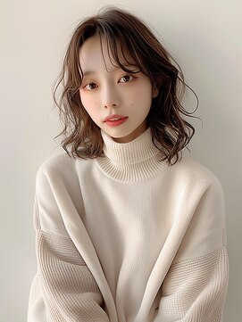 クラン 岡本(Chlan) かきあげバング×デジタルパーマで大人ミディ