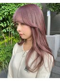 ミルクティーピンク_ベージュピンク_レイヤーロング_斜めバング