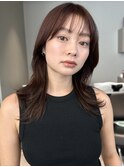 くびれ巻きミディアムヘアブラウンベージュシースルーバング渋谷