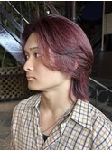 【白石】ブリーチなし赤髪青みレッドメンズカットセンターパート