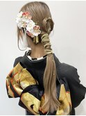 卒業式 成人式 振袖 袴 着付け ヘアセット 金箔 水引 一束ヘア