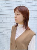ブリーチなし　オレンジカラー　ミディアムヘア　前髪