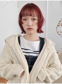 ぱつっとボブウルフチェリーレッド暖色カラーブリーチカラーボブ