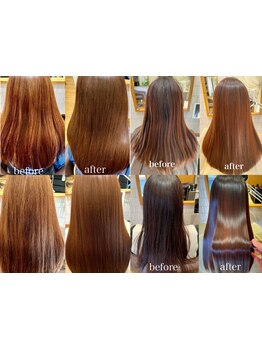独自の［髪質改善ヘアエステ］で髪の芯までしっかり内部補修して手触り、質感、潤いのある自然な艶髪に！