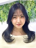 美髪カールブルーブラックレイヤーロングセミディ似合わせ前髪