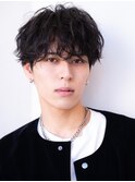 メンズマッシュシャドウパーマダークアッシュ束感ショートウルフ
