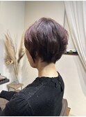 ショートボブパーマ　マッシュパーマ　ワインレッド大人ショート