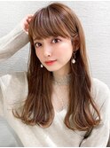 後れ毛が可愛い顔周りハイレイヤーロングチェリーブラウン