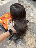 透明感ケアカラーオリーブグレージュ顔まわりレイヤーカット韓国