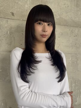 フレーム 博多店(FRAME) パッツン前髪×ハイレイヤー×ダークラベンダーピンク