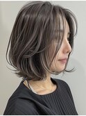 デザインカラーレイヤーカットウェットヘアオリーブベージュ白髪