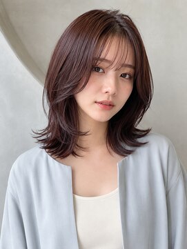 モト 船橋(moto) 韓国ロブレイヤー顔周りカット外ハネ艶髪チェリーブラウン船橋