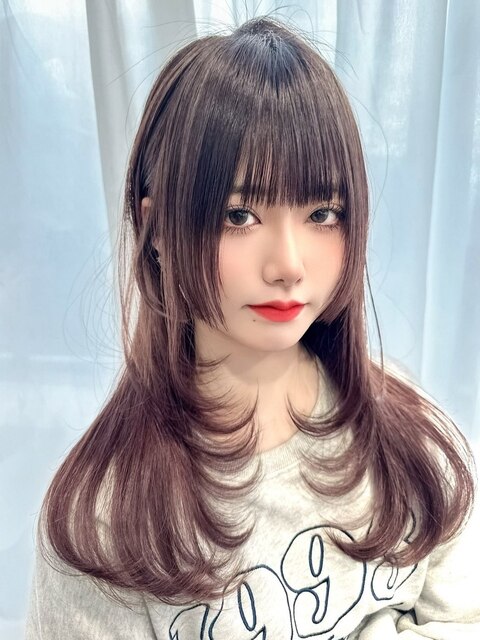 顔周りレイヤー　姫カット　艶感　ブラウンカラー　韓国ヘア