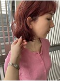 ミニボブレイヤー顔まわりカットピンクブラウンレッドブラウン