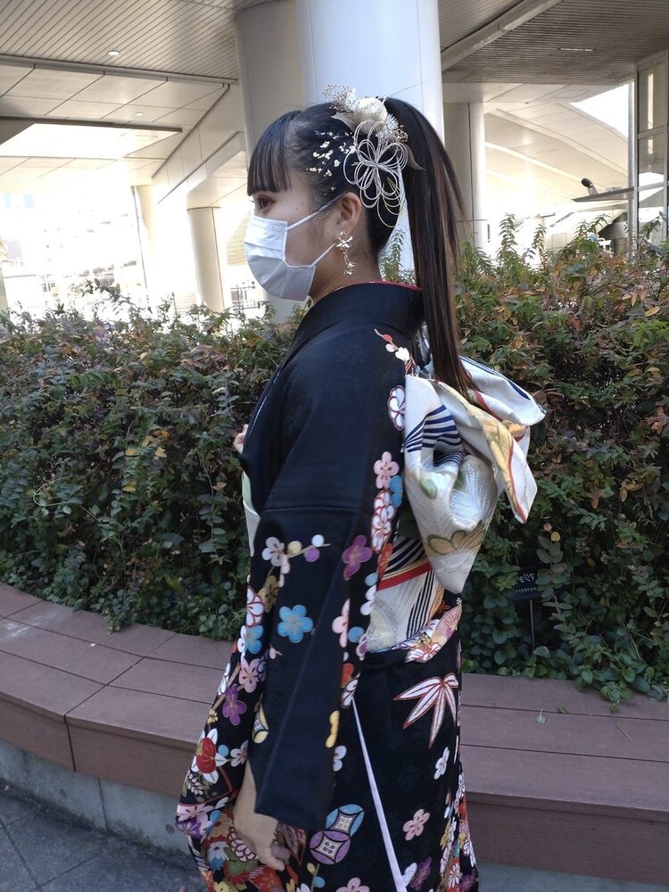 成人式/振袖ヘア/ストレートポニー/水引き/金箔/ブルーブラック  