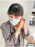 前髪パーマ部分パーマオン眉ポニーテールパーマヘアくるくる前髪