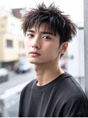 韓国マッシュ スペインカール スパイキーショートブルーブラック