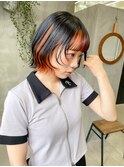 ミニボブ、切りっぱなしボブ、インナーカラー、オレンジ