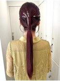 ヘアアレンジセットタイトポニーテールロング金箔チェリーレッド