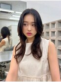 大人っぽ韓国ネイビーグレージュ前髪カット顔まわりレイヤー