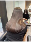 小顔薄めバンググレージュレイヤーロング前髪パーマ黒髪
