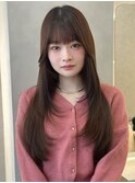 韓国ロングハイレイヤーカットワンカールブラウンカラー小顔前髪