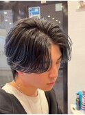 センターパートニュアンスパーマカルマパーマツーブロック毛流れ