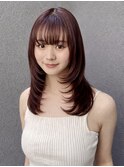 顔周りレイヤー/レッド/赤/暖色/小顔/前髪/ワンカール/ロング