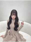 小顔薄めバンググレージュレイヤーロング前髪パーマ黒髪