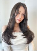 ロング顔周りレイヤーおくれ毛韓国ヘアグレージュ_F10407