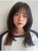 顔周りレイヤーカットグレージュカラーくびれボブベージュカラー