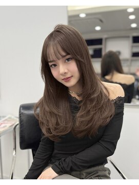 韓国顔まわりレイヤーカットグレージュオリーブベージュブラウン