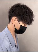 スパイラルパーマツイストパーマアップバング短髪メッシュ