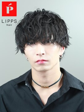 リップス 天神(LIPPS) ツーブロック波巻きパーマラウンドマッシュショートヘア黒髪
