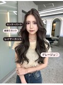 博多/韓国ヘア/センター分け/レイヤーロング/暗めカラー/前髪