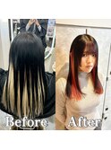 赤インナー黒髪セミロングプルエクステエクステごとカラー