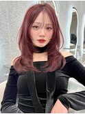 韓国ヘア ミディアムレイヤー  ワインレッド  