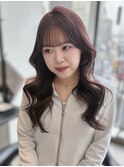 韓国ヘアロングレイヤーカットミルクティーベージュ前髪カット