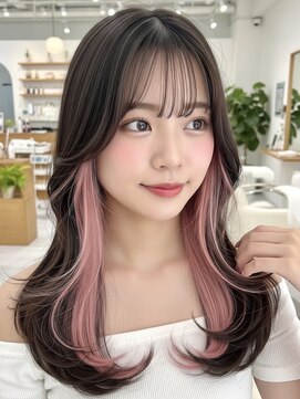 ミーム 原宿 表参道(meme) ”韓国風インナーカラーピンク×レイヤーカット