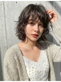 ハンサムショートボブパーマ大人可愛いゆるふわパーマ/ブラウン