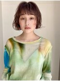 レイヤーボブ_顔まわりレイヤー_ゆるふわパーマ_ピンクベージュ